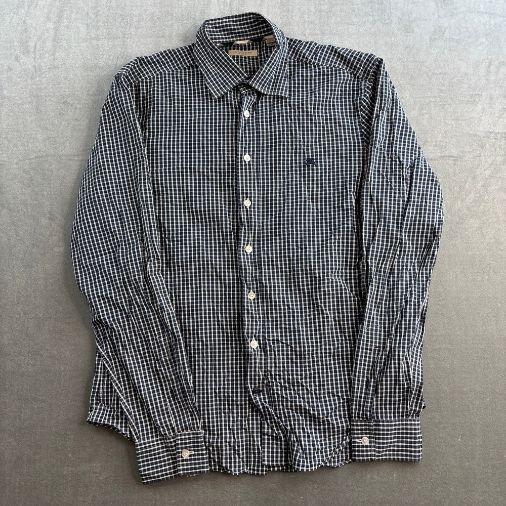 VTG Burberry Brit Shirt Size M Button‎ Front Navy White Mens Plaid Check